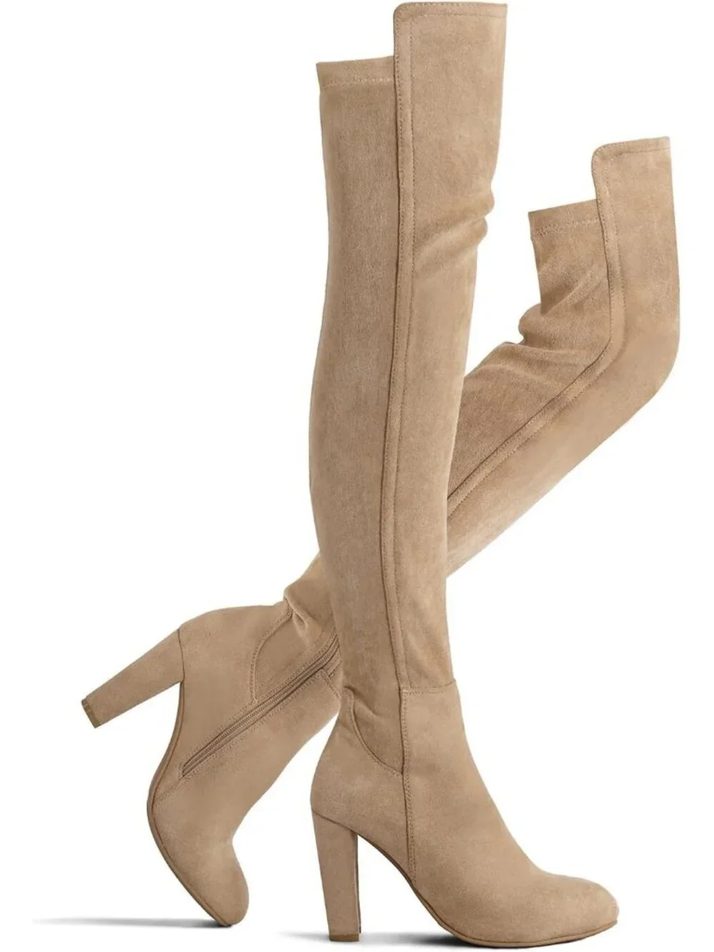 Women's Khaki Faux Suede Chunky Heel Stretch Over The Knee Thigh High Boots